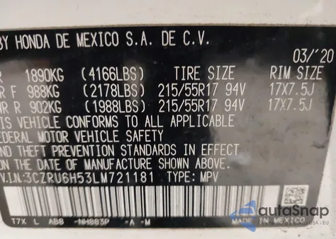 2020 Honda Hr-V Awd Ex from USA, damaged, VIN 3CZRU6H53LM721181